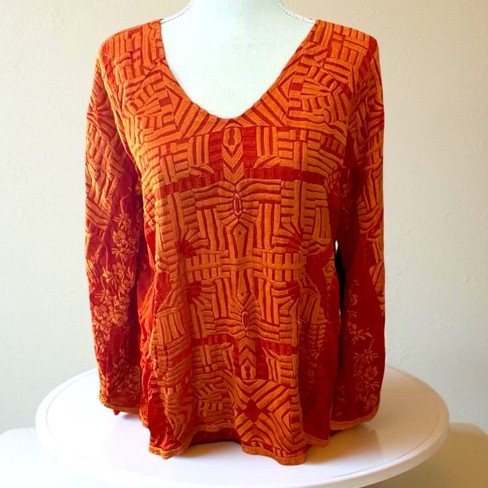 Johnny Was Orange Embroidery peasant blouse sz XS Vneck long sleeve eyelet lace - Picture 2 of 16